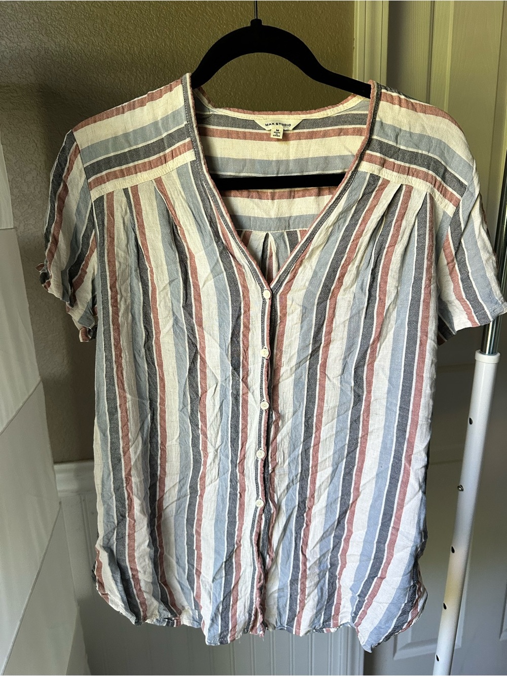 Max Studio Striped Button-Front Top - Blue, White & Rust